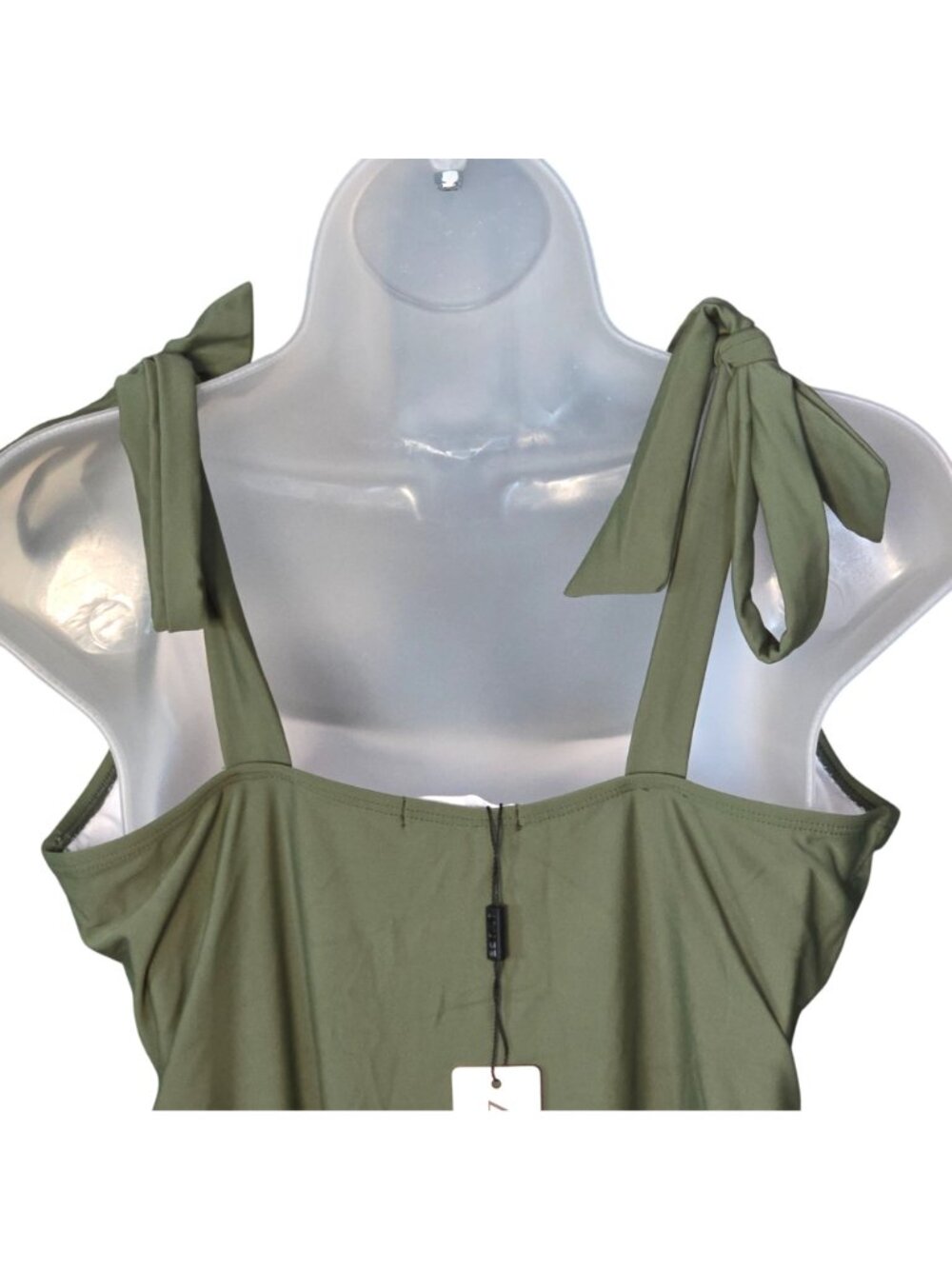 Square Neck One-Piece Swimsuit XL Green Tie-Strap Ruched Lined Removable Cups - Picture 9 of 10
